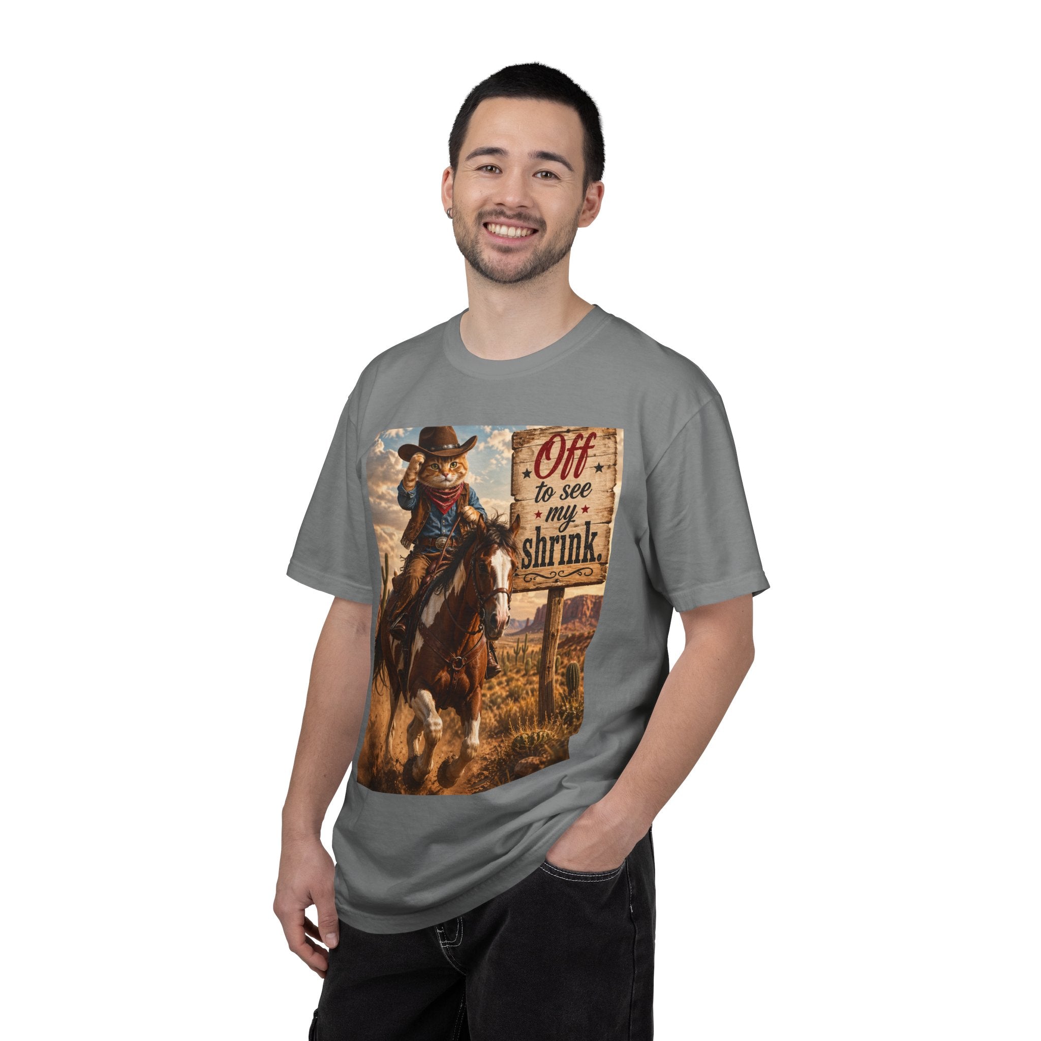 Cowboy Cat T-Shirt - Humor in Riding Horse in Dusty Fields with 'Off to See My Shrink' Sign