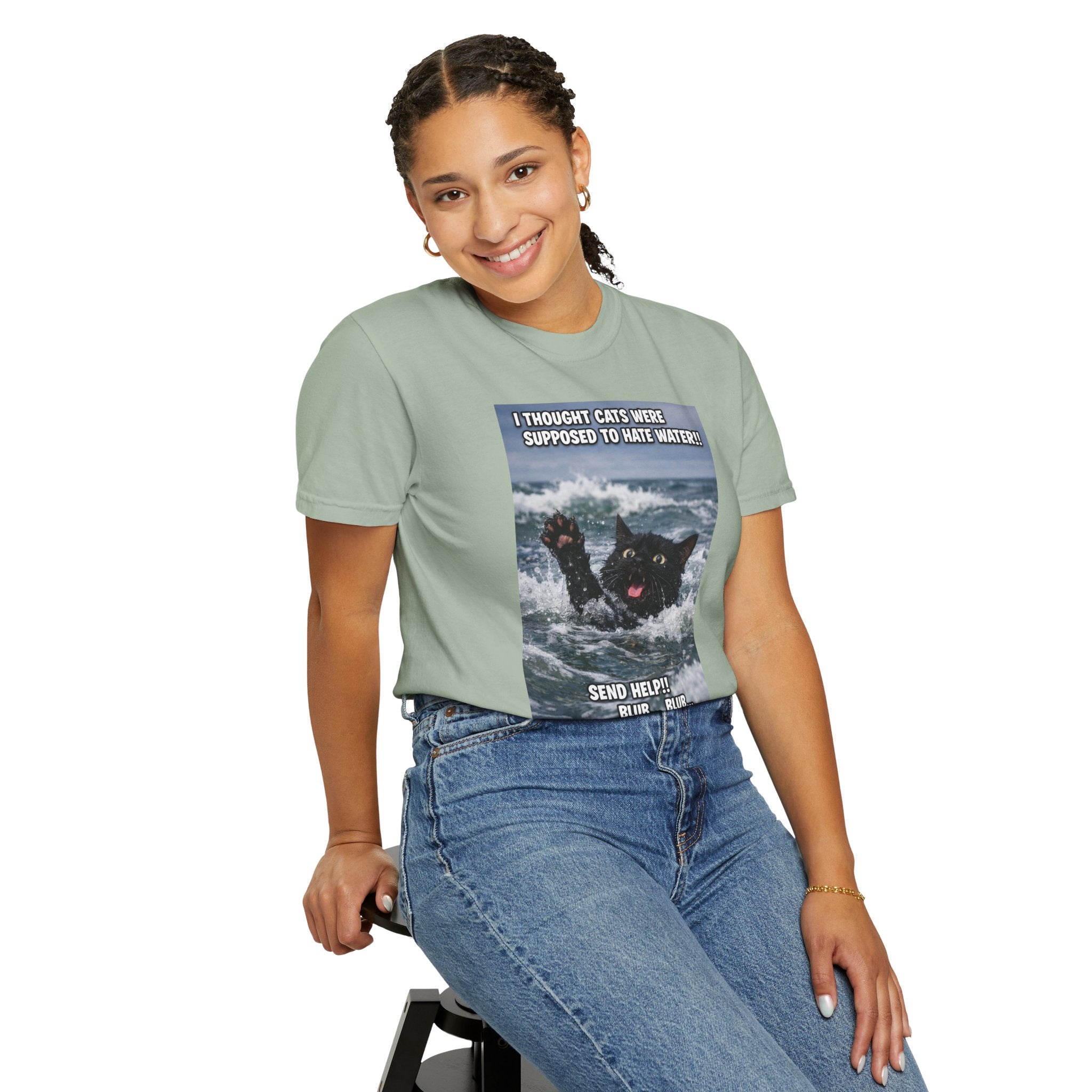 Funny Cat Rescue Meme T-Shirt — "I Thought Cats Were Supposed to Hate Water!" -  Playful Sightly Absurd Image