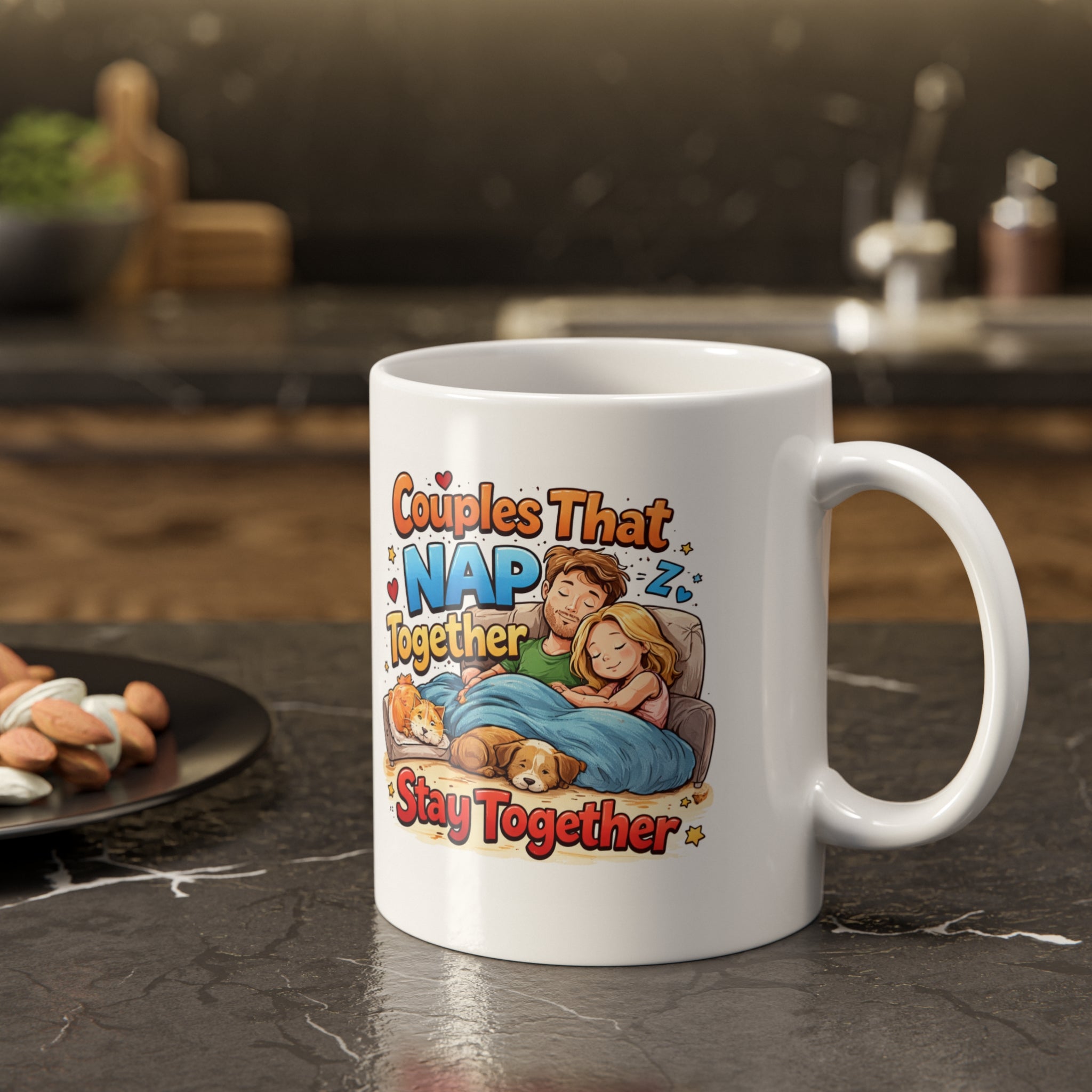 Romantic Coffee Mug with Quote - 'Couple That Nap Together Stays Together  -- White Ceramic Mug, 11oz -