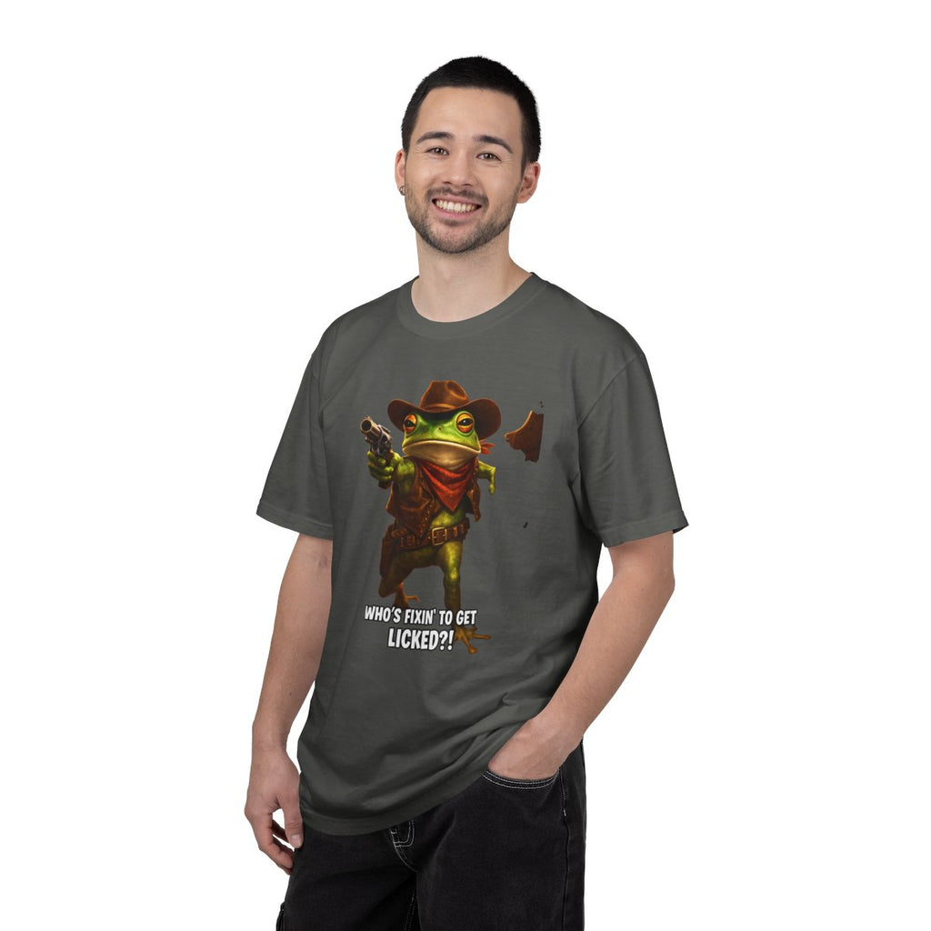 Cute Frog Cowboy T-Shirt – "Who’s Fixin' to Get Licked?" - A playful Image That Sparks Conversation