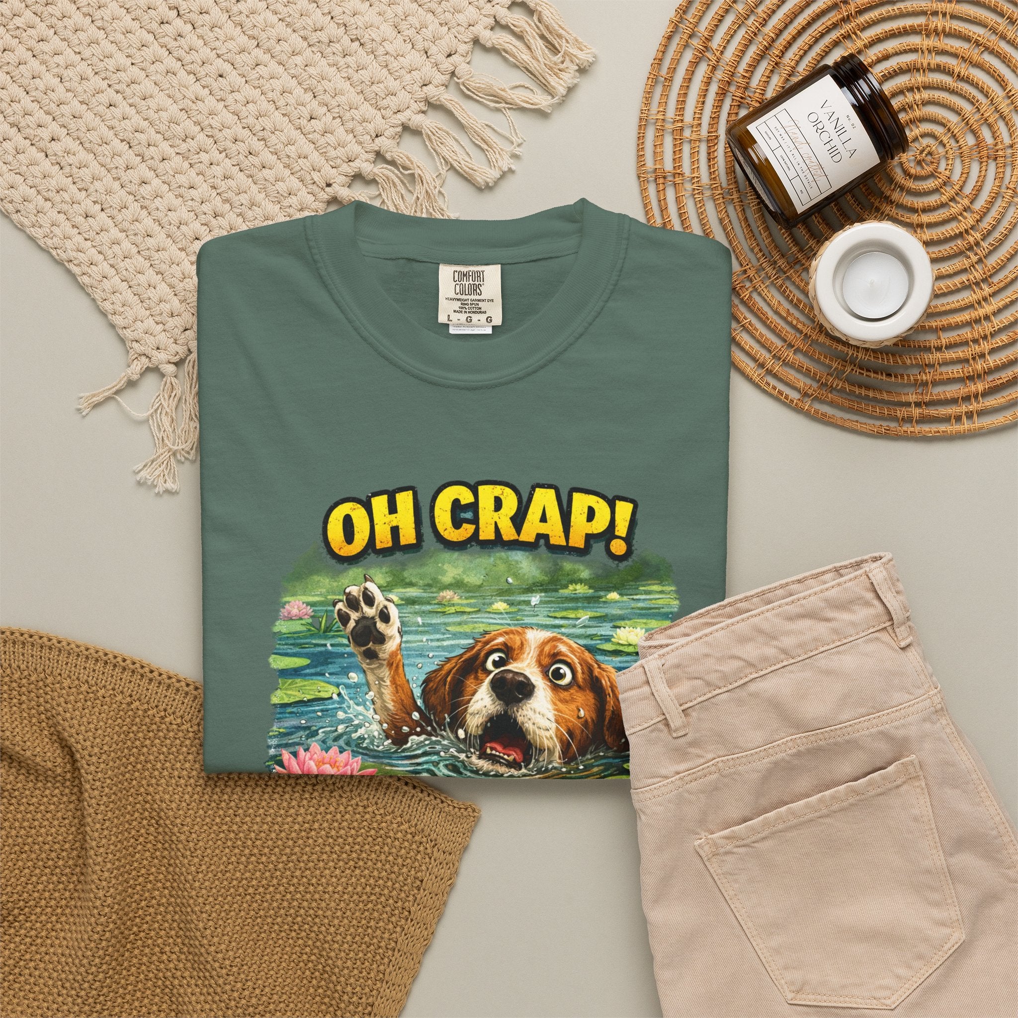 Quirky Doggy Waddle T-Shirt , Playful Pup Cheeky Caption & Quote: Oh Crap! Not Doggie Paddle