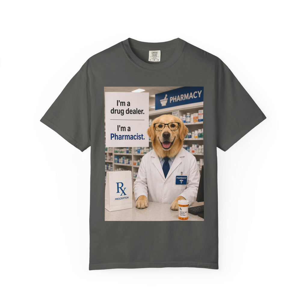 Funny Pharmacist Dog Graphic T-Shirt - Comical Ideal Gift for Vet Tech Gatherings!