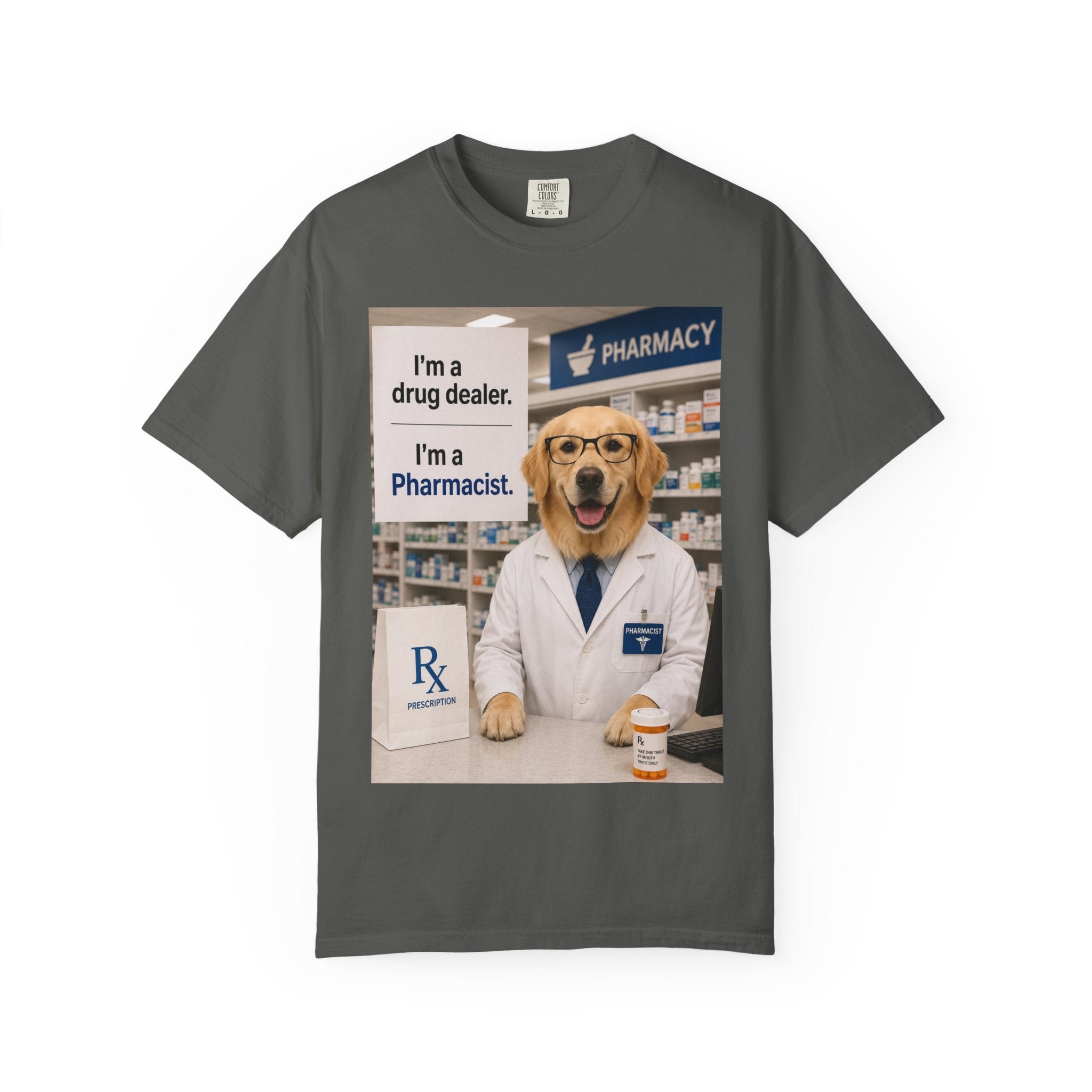 Funny Pharmacist Dog Graphic T-Shirt - Comical Ideal Gift for Vet Tech Gatherings!