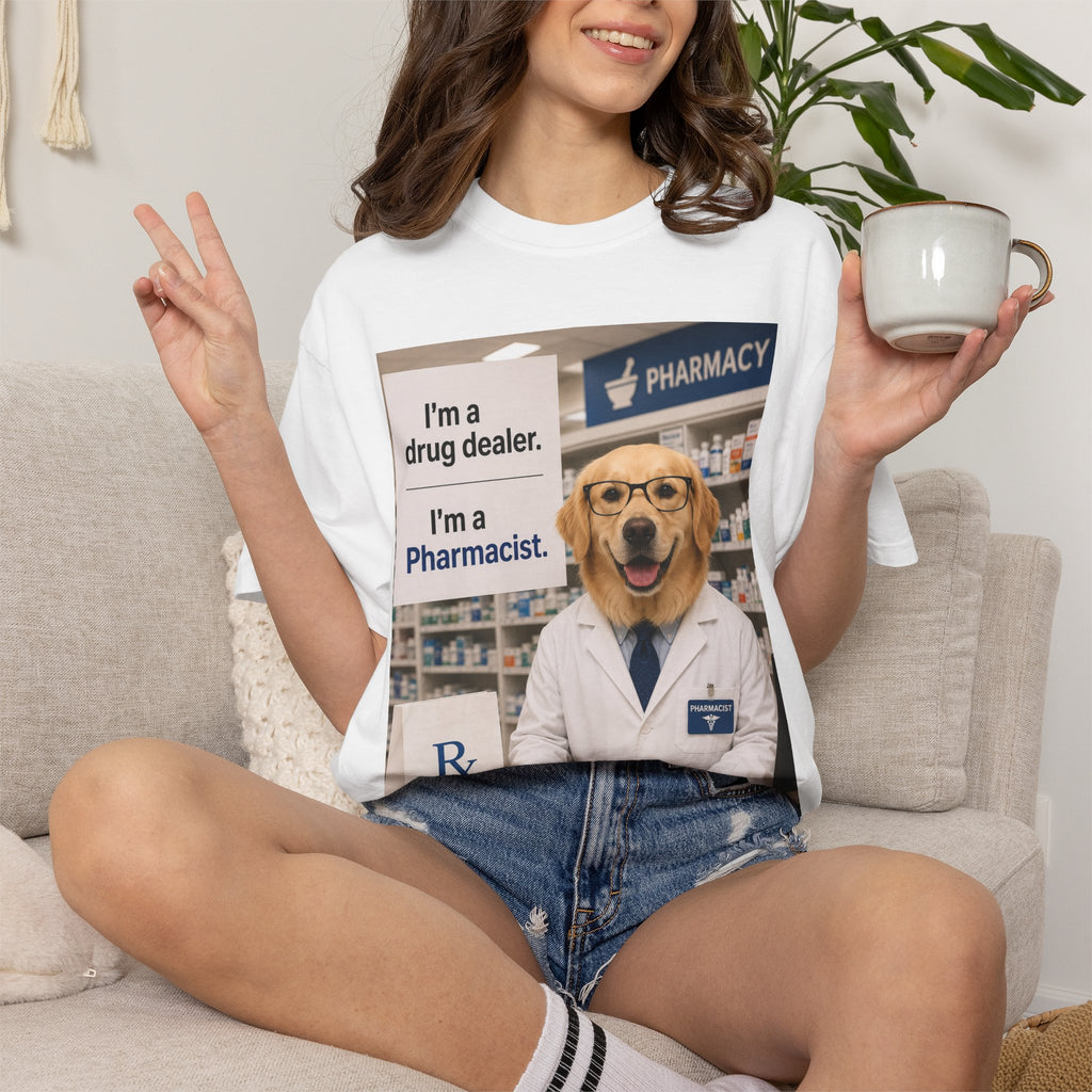 Funny Pharmacist Dog Graphic T-Shirt - Comical Ideal Gift for Vet Tech Gatherings!