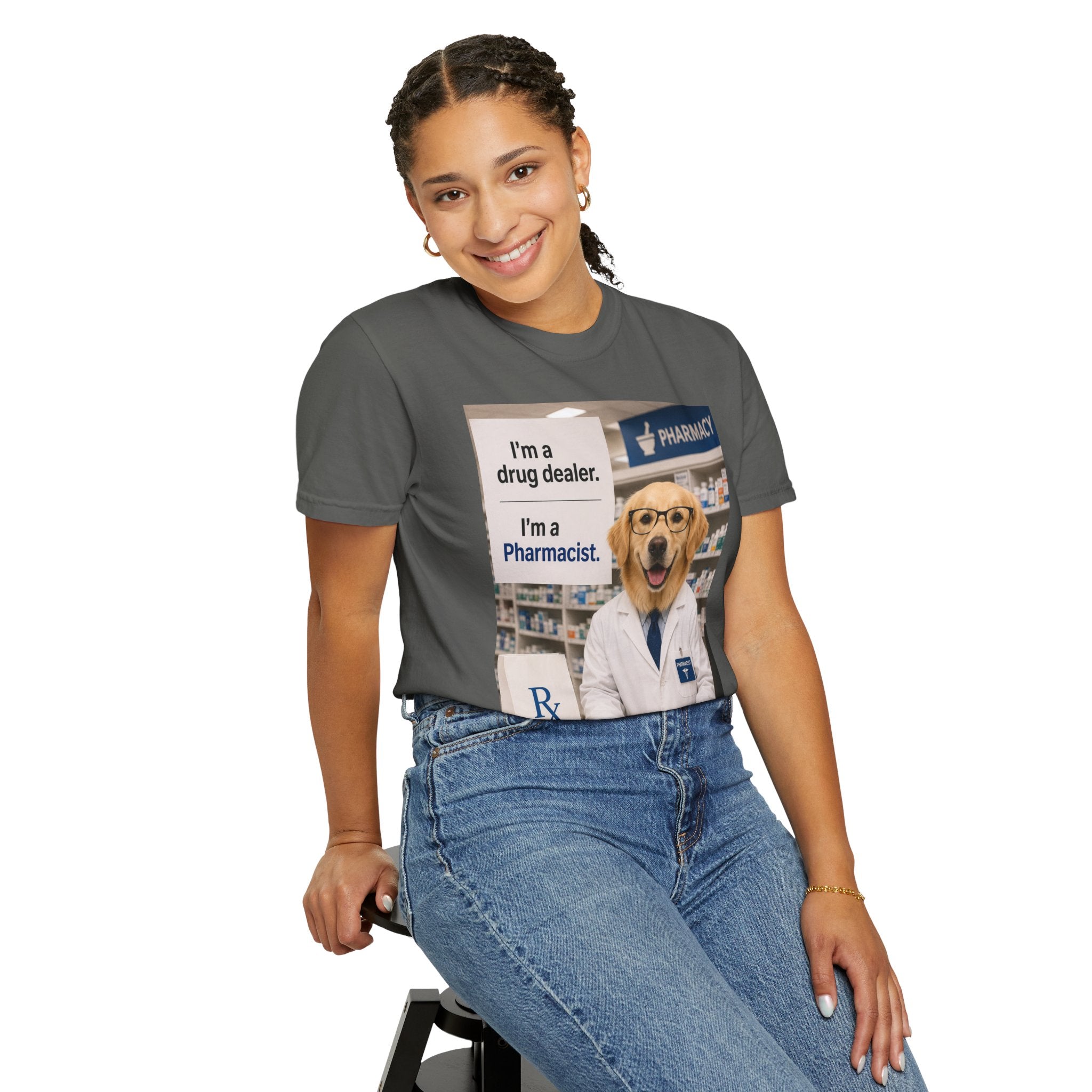 Funny Pharmacist Dog Graphic T-Shirt - Comical Ideal Gift for Vet Tech Gatherings!