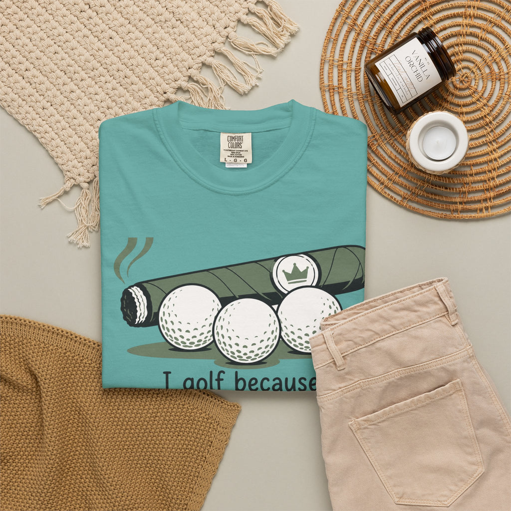Golf Humor T-Shirt — "I golf because hitting a ball is less stressful than people" - a light, slightly sarcastic tone that lands with fellow players