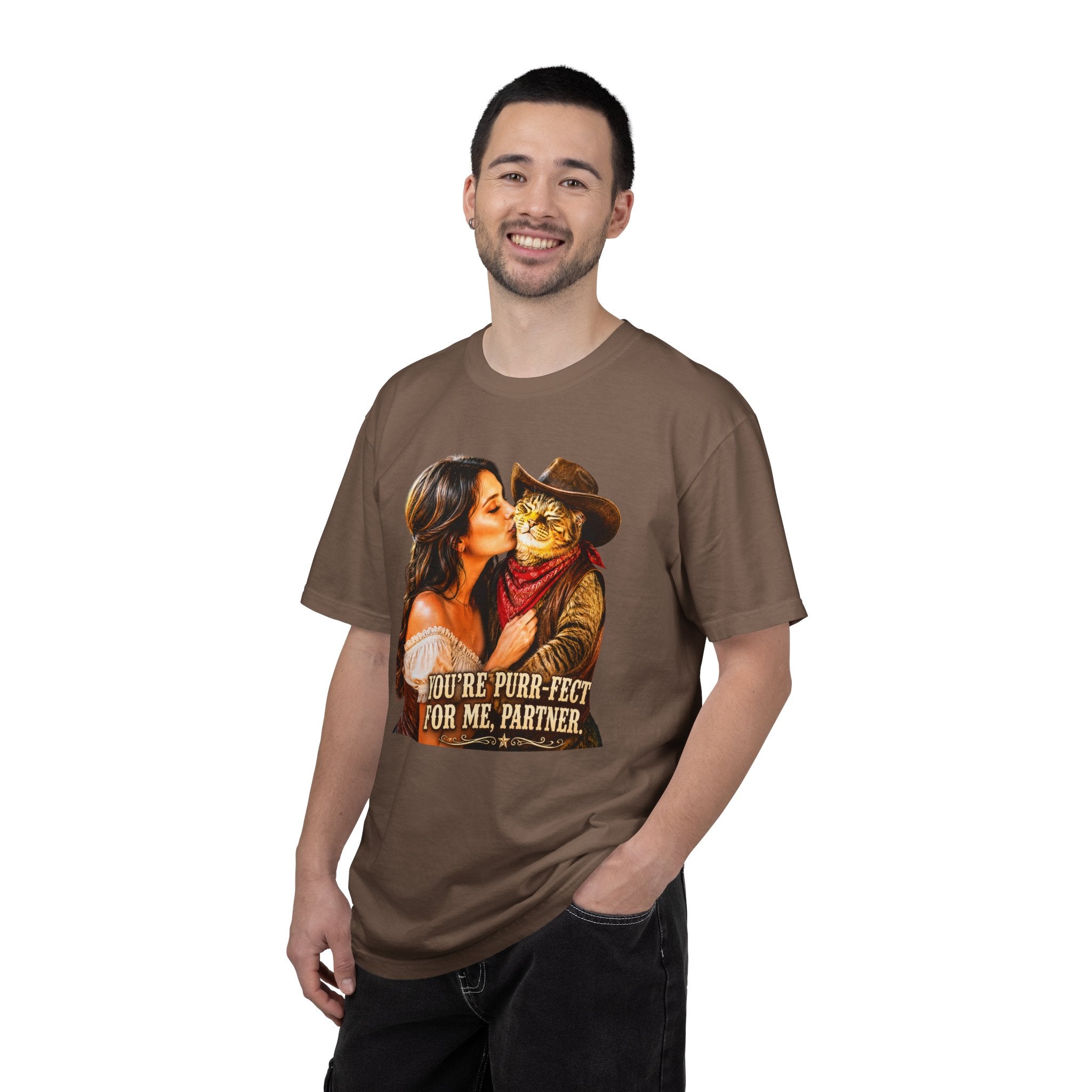 Charming Saloon Kiss By a Beautiful Lady - Cowboy Cat T-Shirt, Brings the Fun of a Feline Cowboy