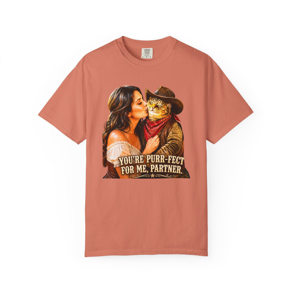 Charming Saloon Kiss By a Beautiful Lady - Cowboy Cat T-Shirt, Brings the Fun of a Feline Cowboy