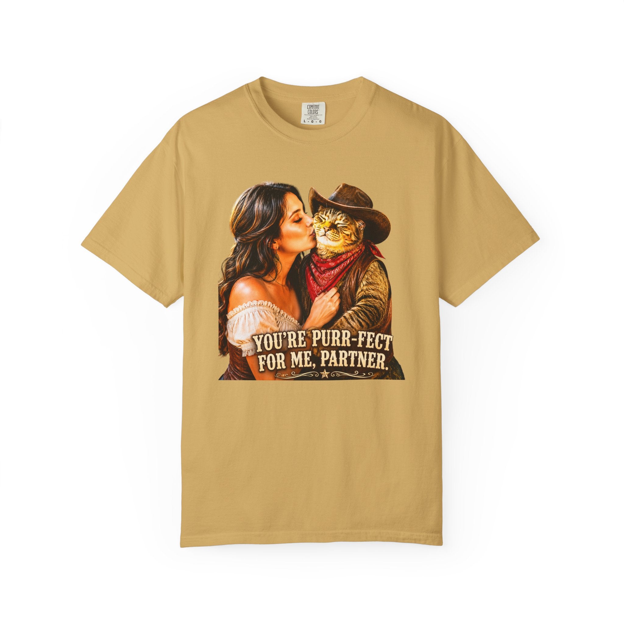 Charming Saloon Kiss By a Beautiful Lady - Cowboy Cat T-Shirt, Brings the Fun of a Feline Cowboy