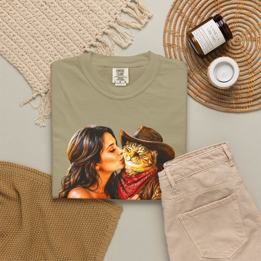 Charming Saloon Kiss By a Beautiful Lady - Cowboy Cat T-Shirt, Brings the Fun of a Feline Cowboy