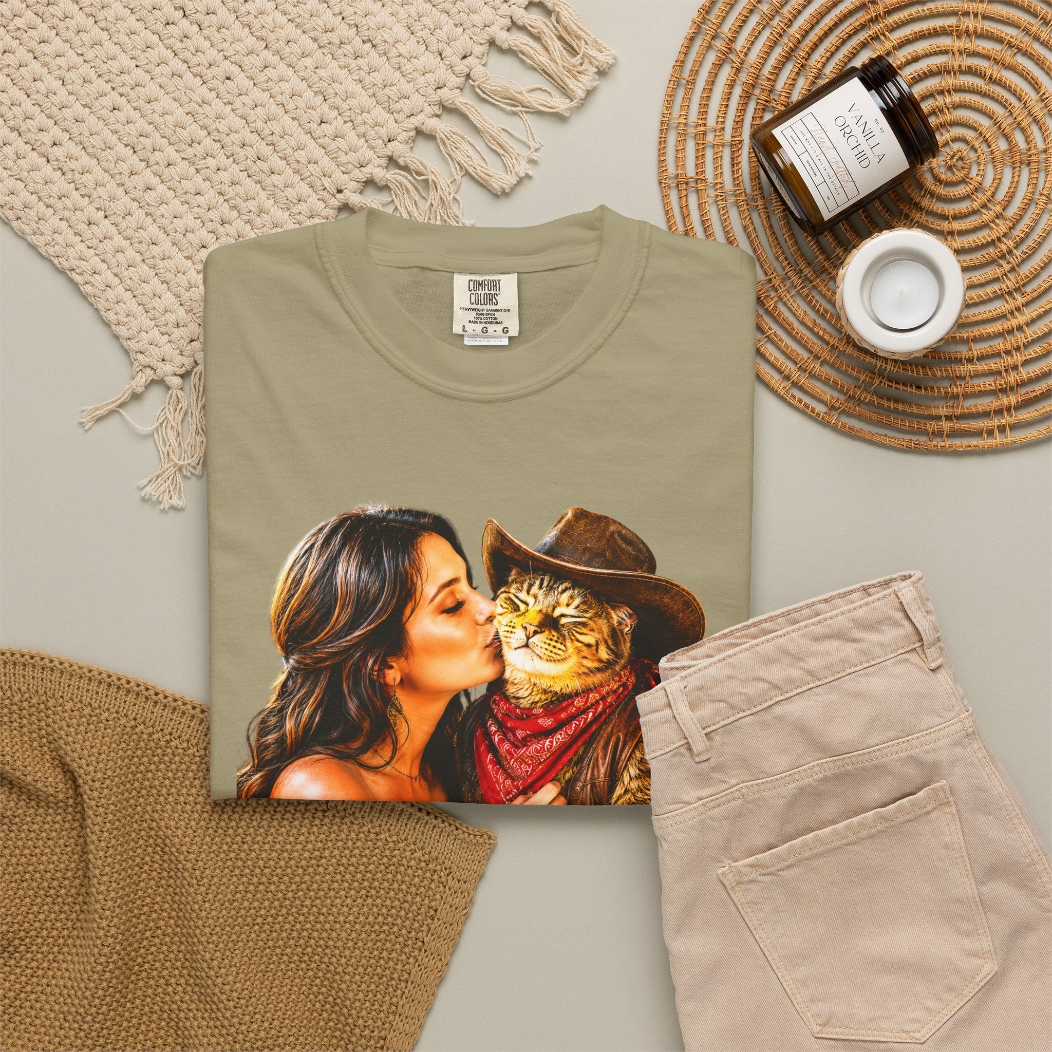 Charming Saloon Kiss By a Beautiful Lady - Cowboy Cat T-Shirt, Brings the Fun of a Feline Cowboy