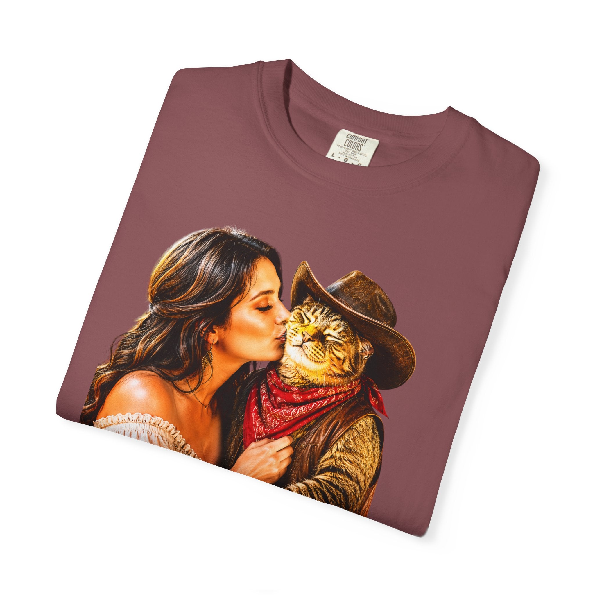 Charming Saloon Kiss By a Beautiful Lady - Cowboy Cat T-Shirt, Brings the Fun of a Feline Cowboy