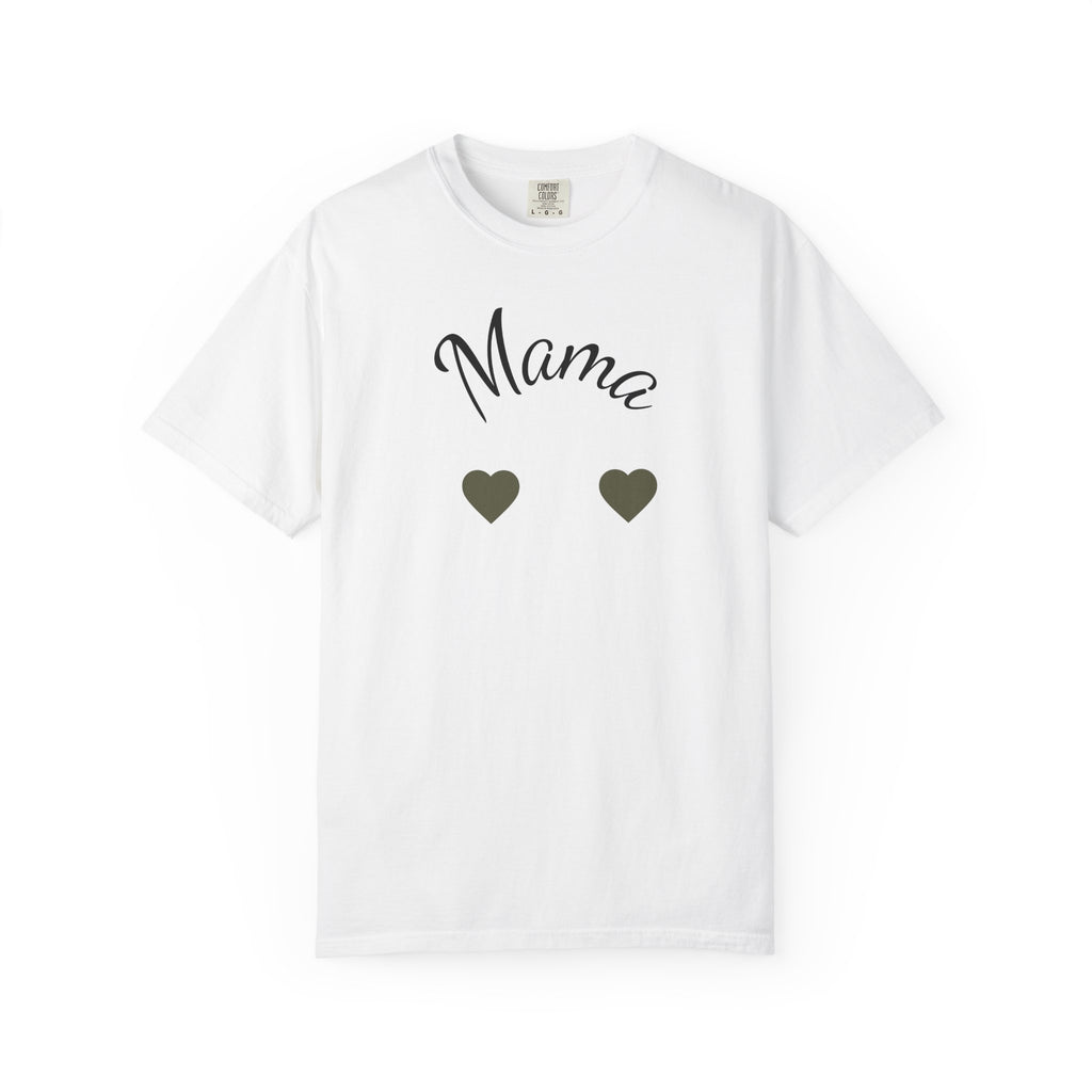 Mama Heart T-Shirt — framed by two small hearts — an understated, everyday tribute to motherhood.