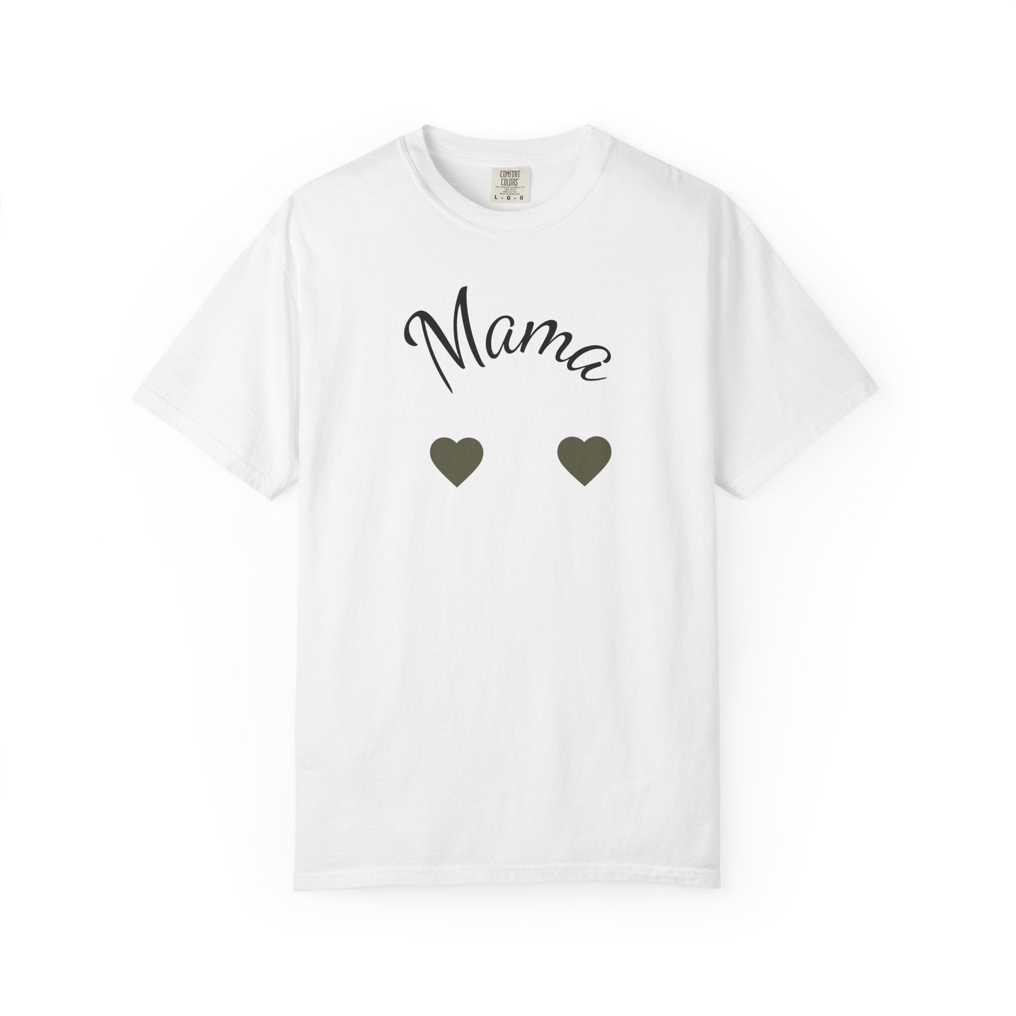 Mama Heart T-Shirt — framed by two small hearts — an understated, everyday tribute to motherhood.
