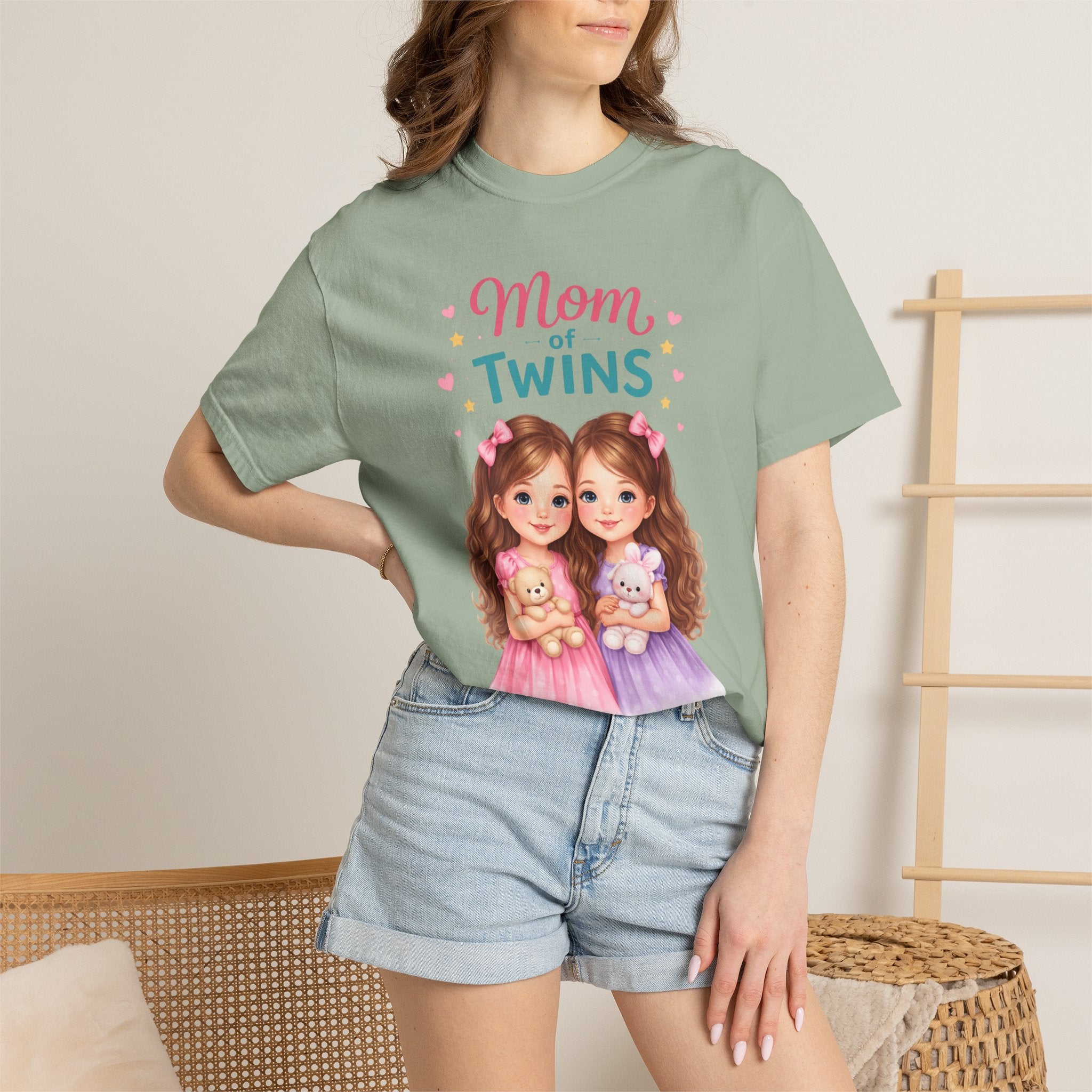Mom of Twins T-Shirt — Cute Illustrated Twin Girls -  Great to pair it with Jeans or Leggings for School Drop-off