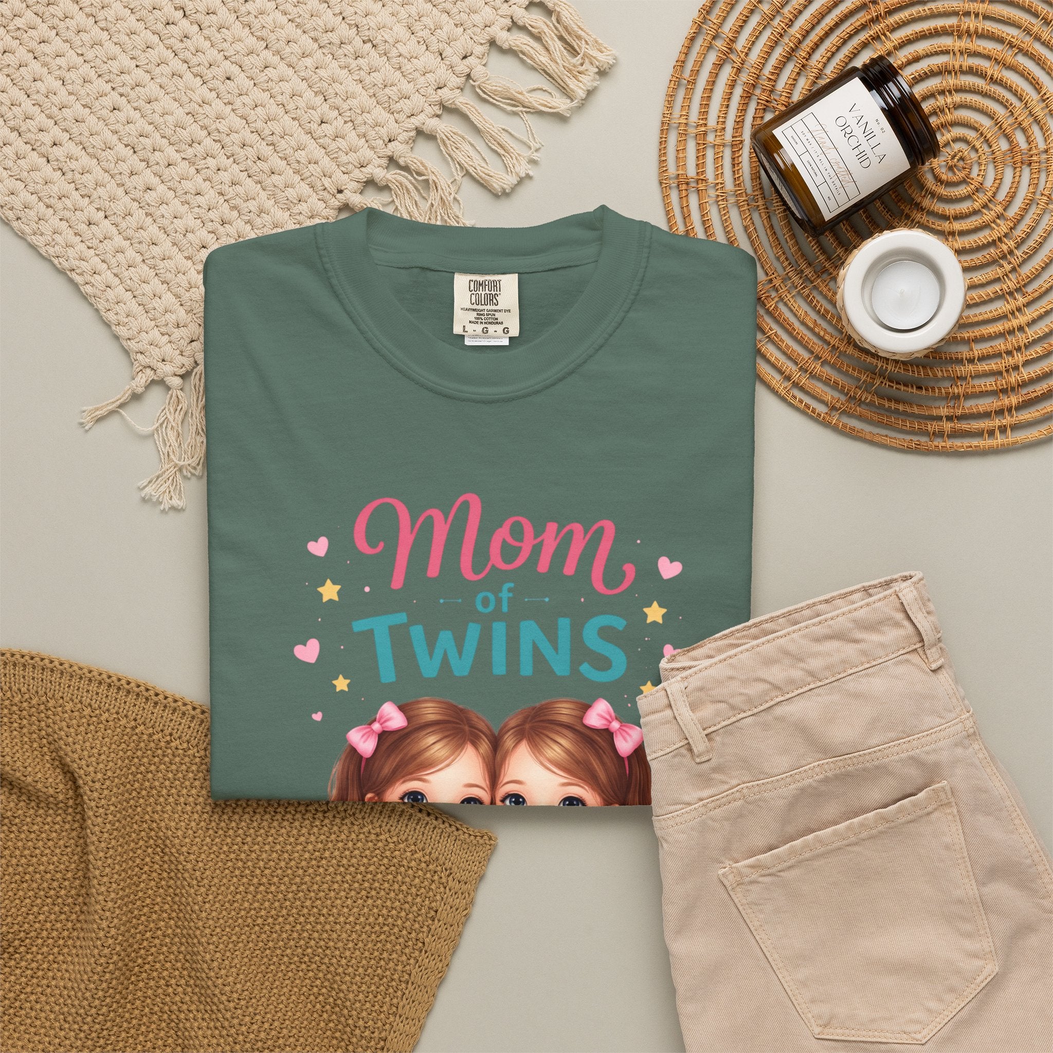 Mom of Twins T-Shirt — Cute Illustrated Twin Girls -  Great to pair it with Jeans or Leggings for School Drop-off
