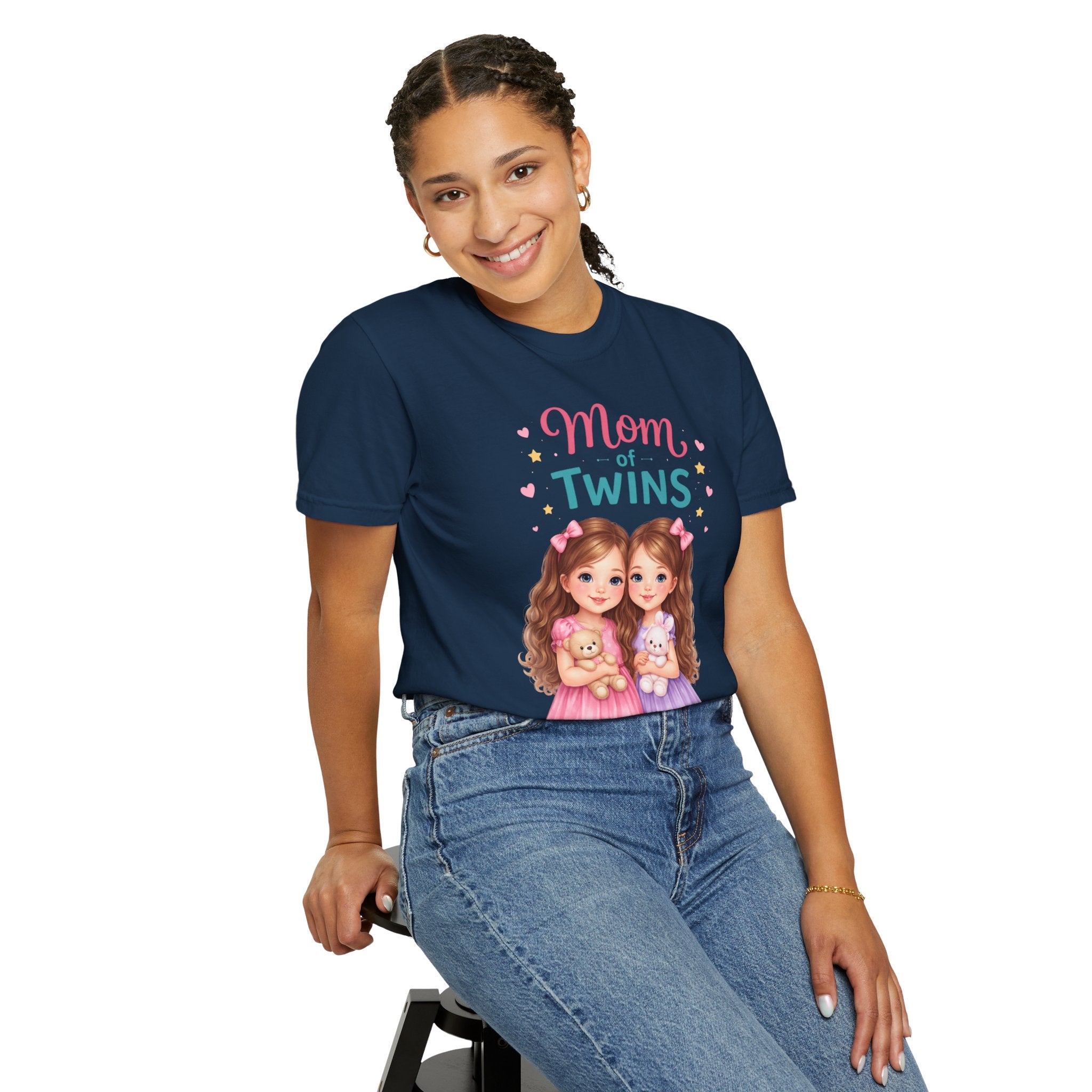 Mom of Twins T-Shirt — Cute Illustrated Twin Girls -  Great to pair it with Jeans or Leggings for School Drop-off