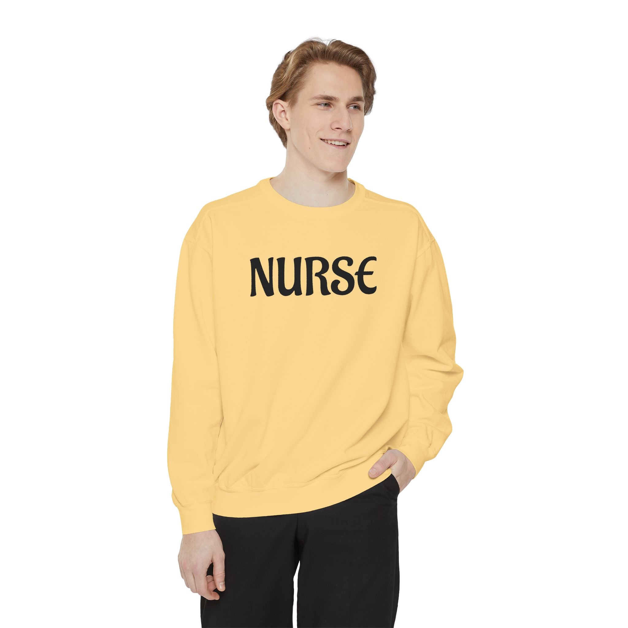 Nurse Sweatshirt — Simple Distressed Text Crewneck for Nurses - Ideal Wear Between Double Shifts