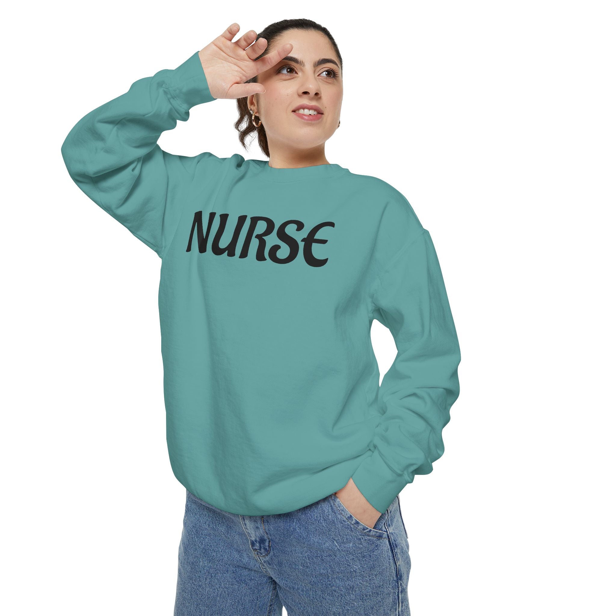 Nurse Sweatshirt — Simple Distressed Text Crewneck for Nurses - Ideal Wear Between Double Shifts