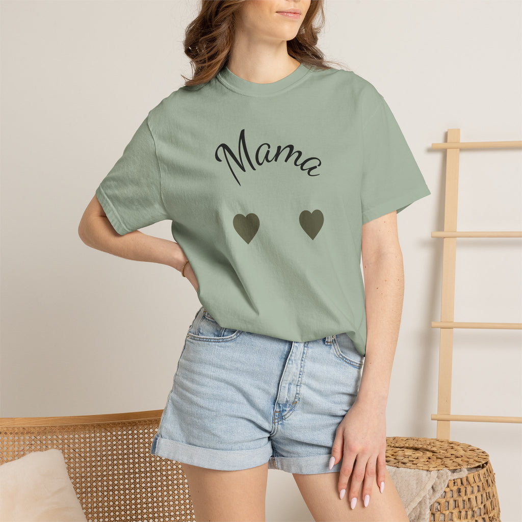 Mama Heart T-Shirt — framed by two small hearts — an understated, everyday tribute to motherhood.