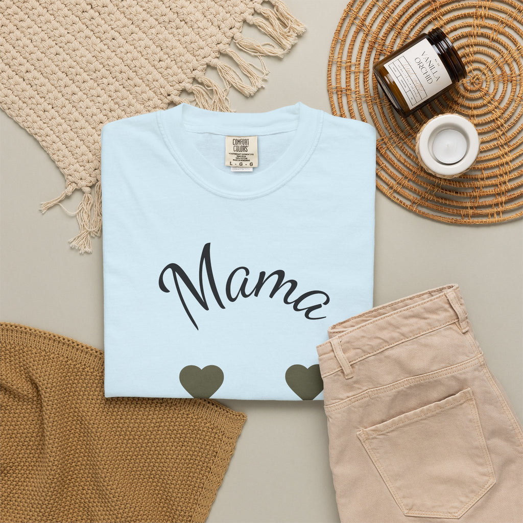 Mama Heart T-Shirt — framed by two small hearts — an understated, everyday tribute to motherhood.