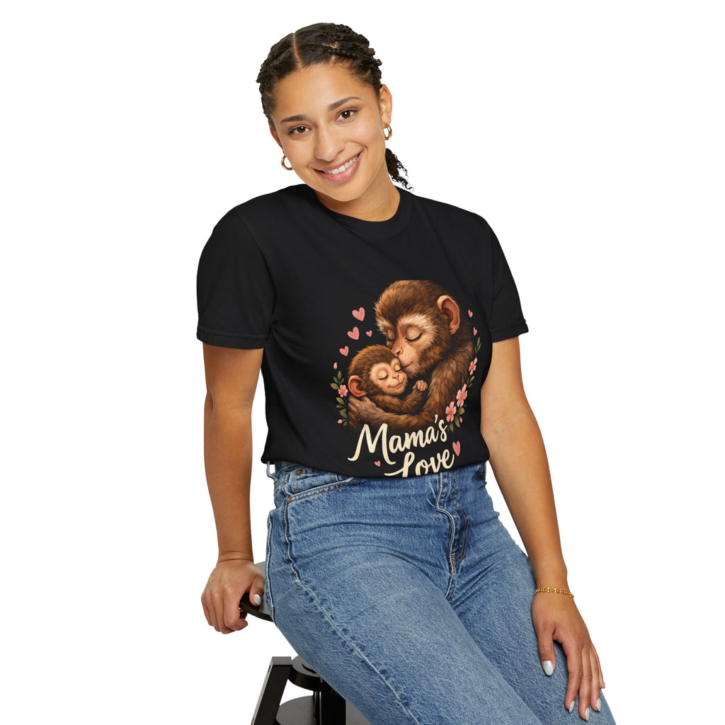 Mama's Love T-Shirt — Cute Mom & Baby Monkey Graphic Tee, a warm hug between parent and child.