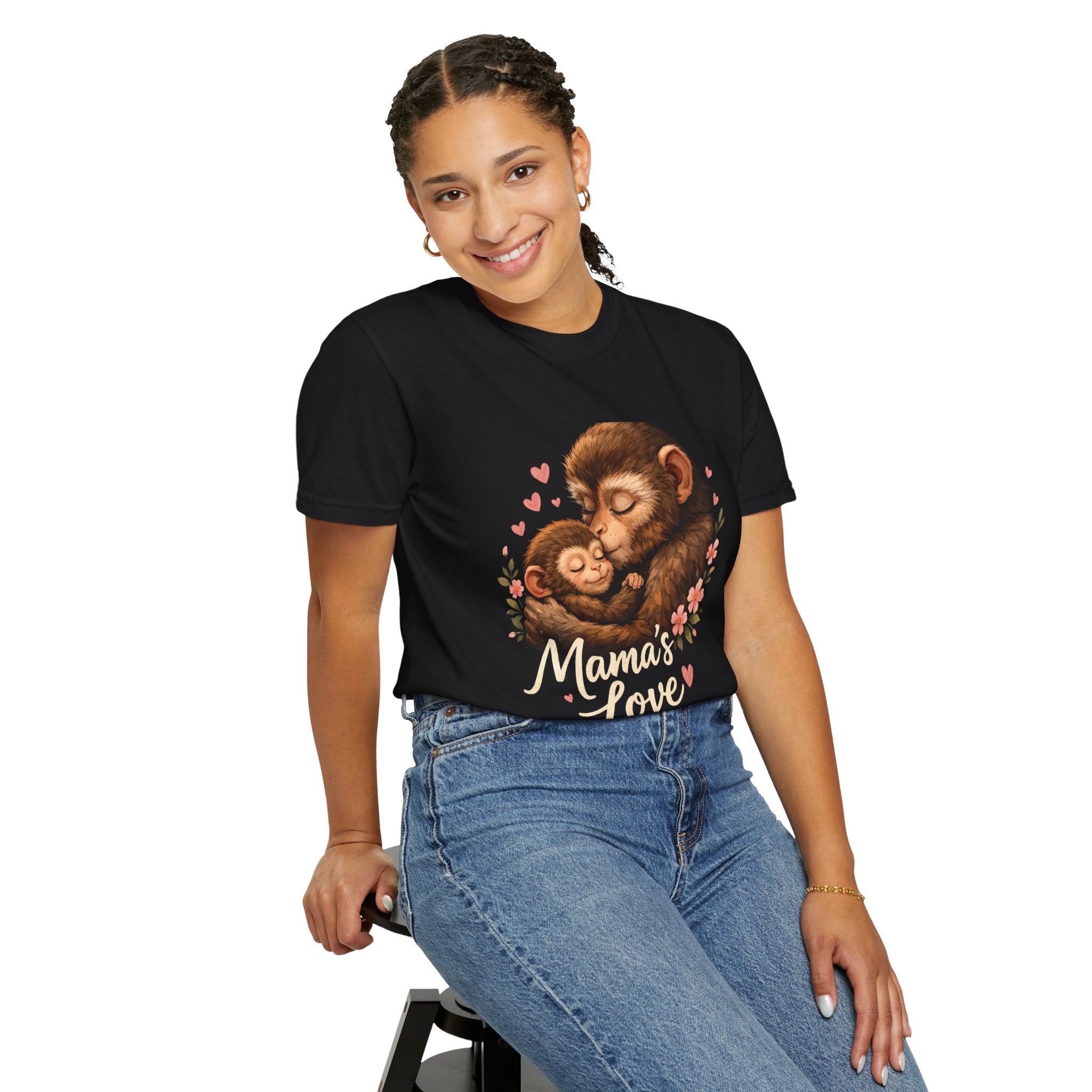 Mama's Love T-Shirt — Cute Mom & Baby Monkey Graphic Tee, a warm hug between parent and child.