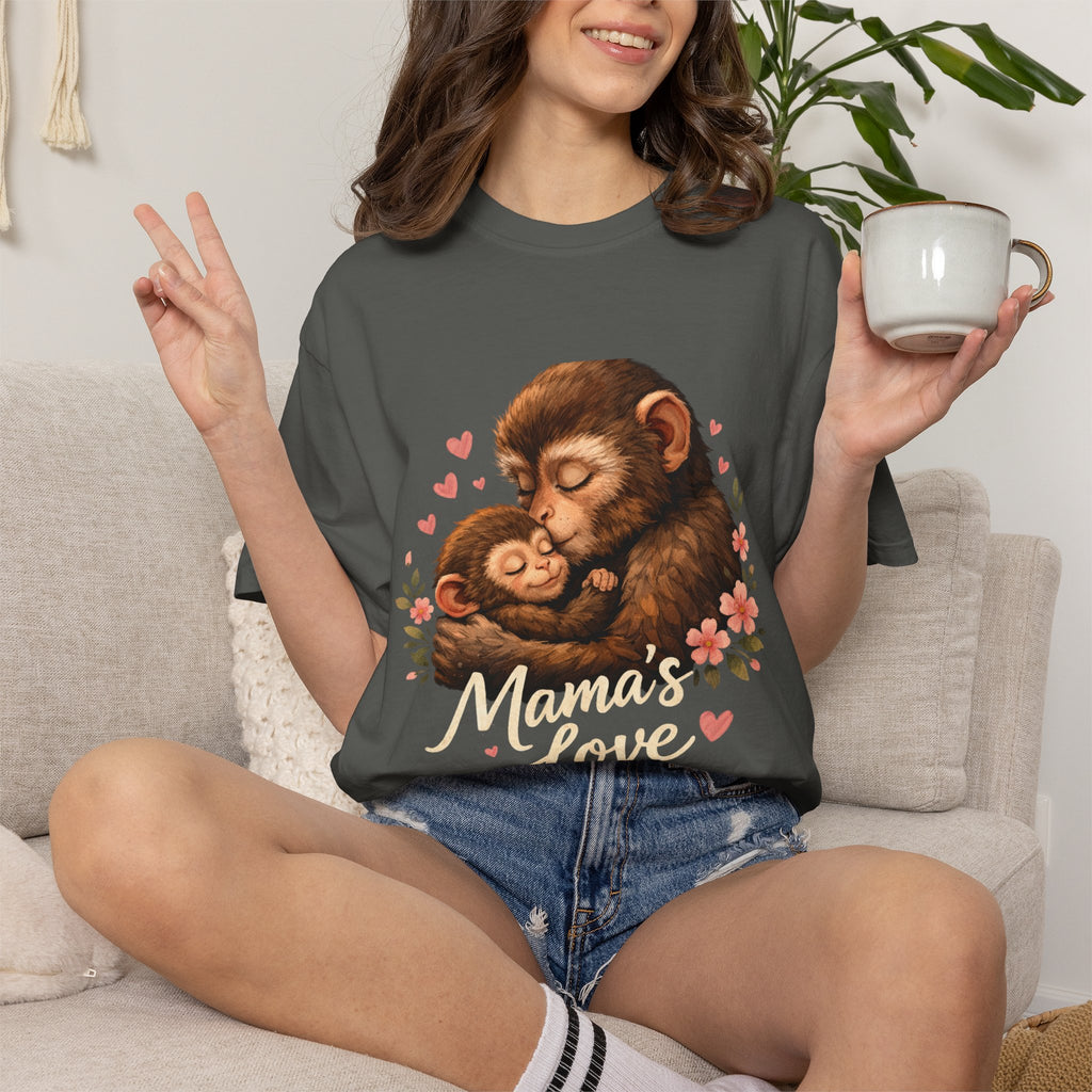 Mama's Love T-Shirt — Cute Mom & Baby Monkey Graphic Tee, a warm hug between parent and child.