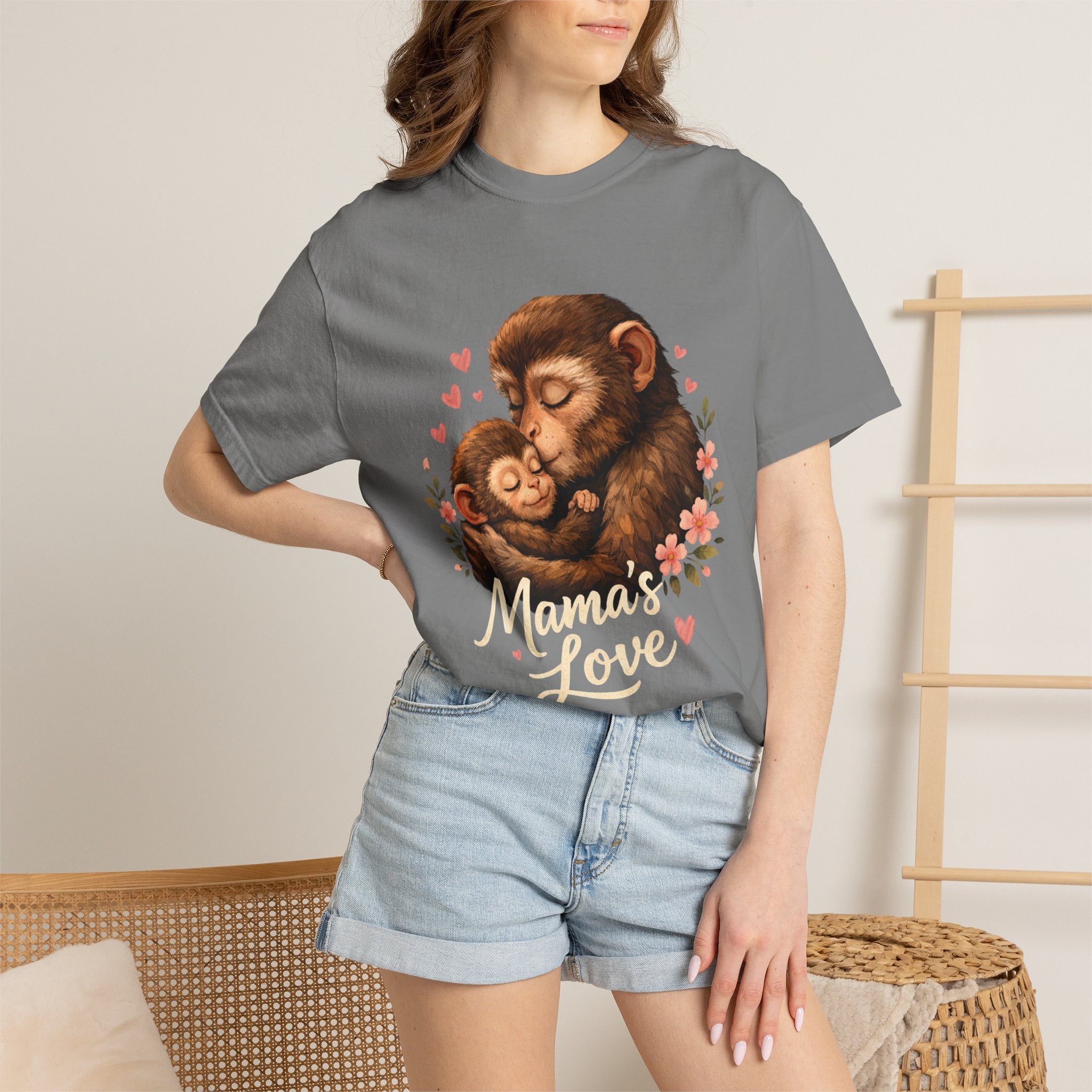 Mama's Love T-Shirt — Cute Mom & Baby Monkey Graphic Tee, a Warm Hug Between Parent and Child.