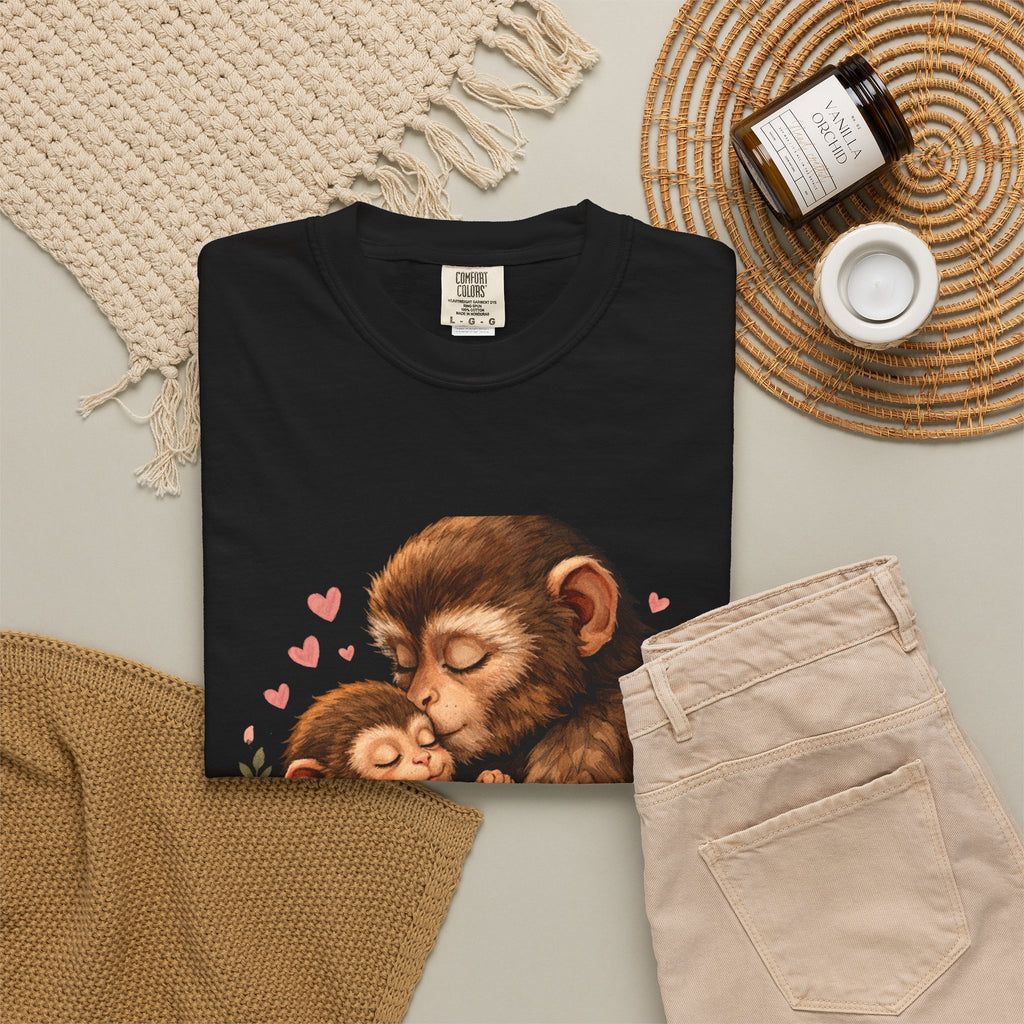 Mama's Love T-Shirt — Cute Mom & Baby Monkey Graphic Tee, a warm hug between parent and child.