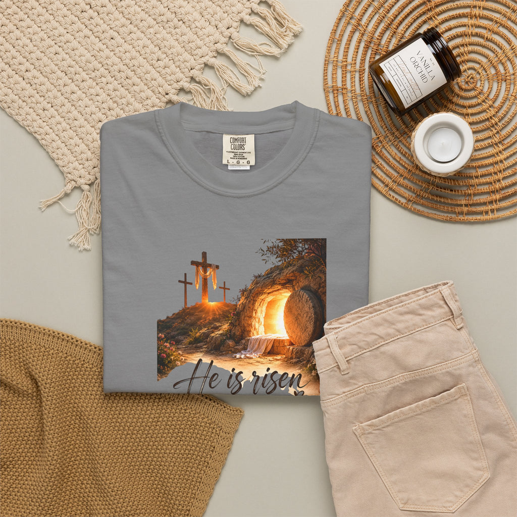 He Is Risen T-Shirt - a wearable reminder of hope and new beginnings.  Wear it to sunrise services, family gatherings,