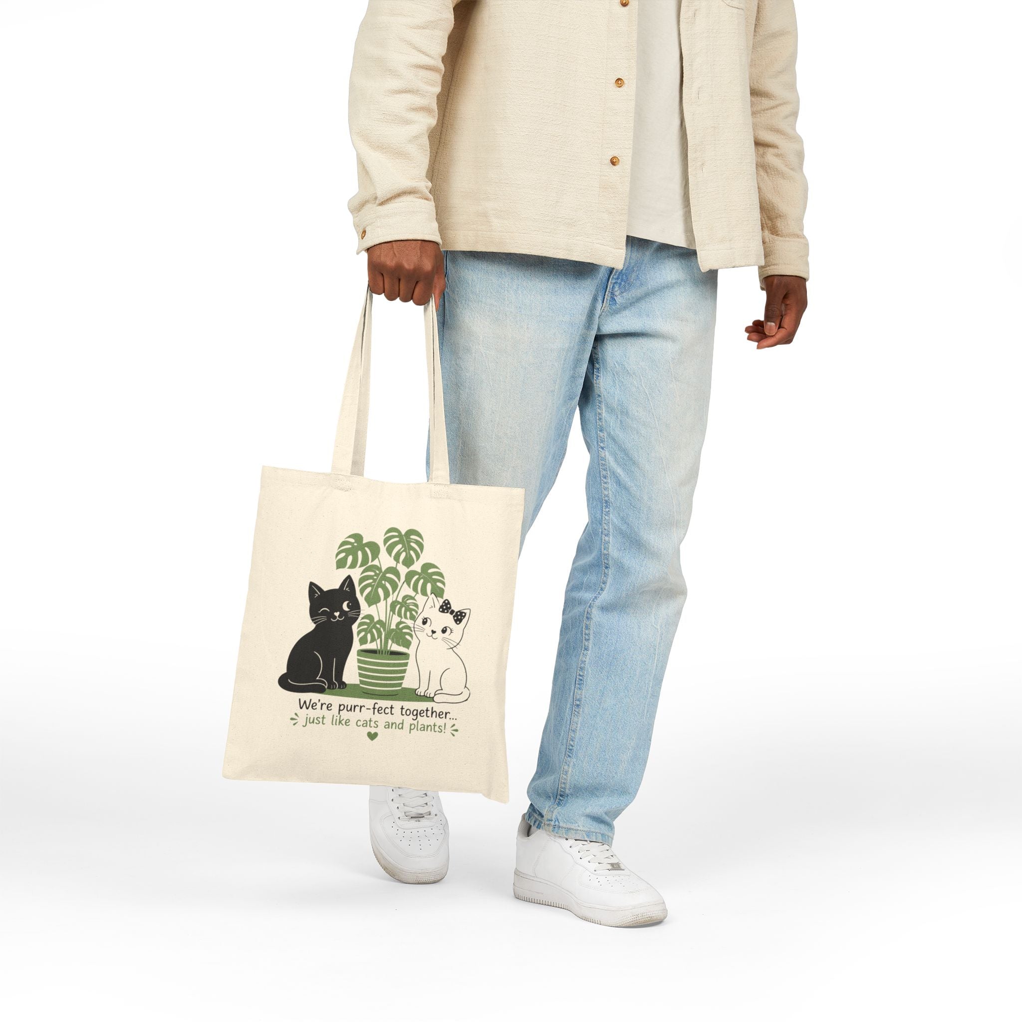 Cotton Canvas Tote - Cute White & Black Cat Charming Love Design - Perfect Together