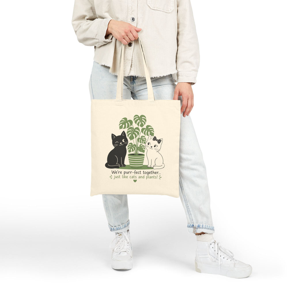 Cotton Canvas Tote - Cute White & Black Cat Charming Love Design - Perfect Together