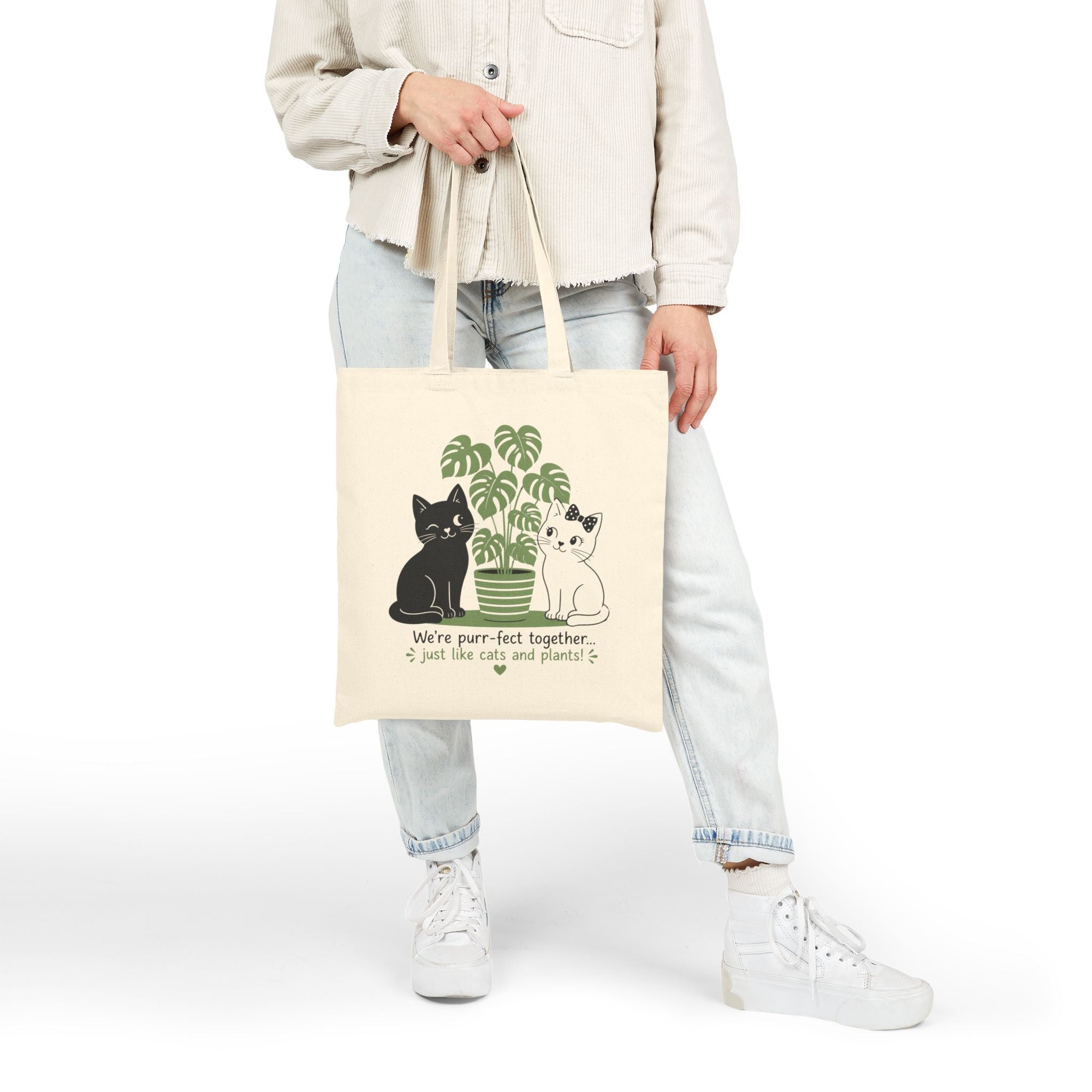 Cotton Canvas Tote - Cute White & Black Cat Charming Love Design - Perfect Together