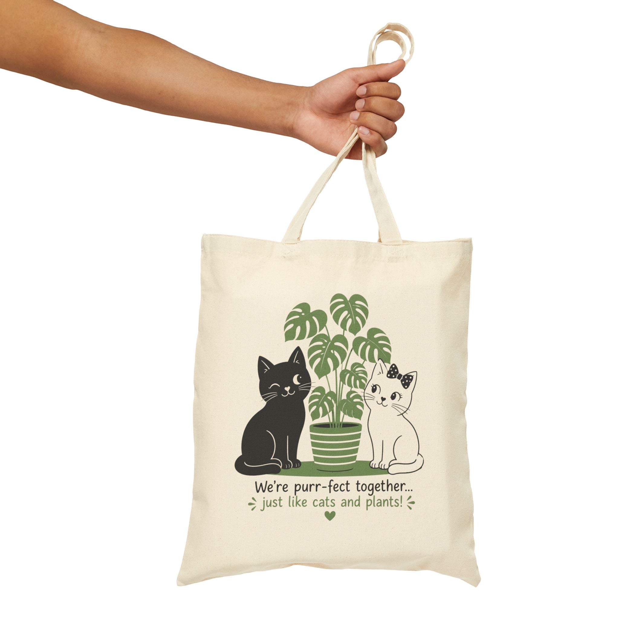 Cotton Canvas Tote - Cute White & Black Cat Charming Love Design - Perfect Together