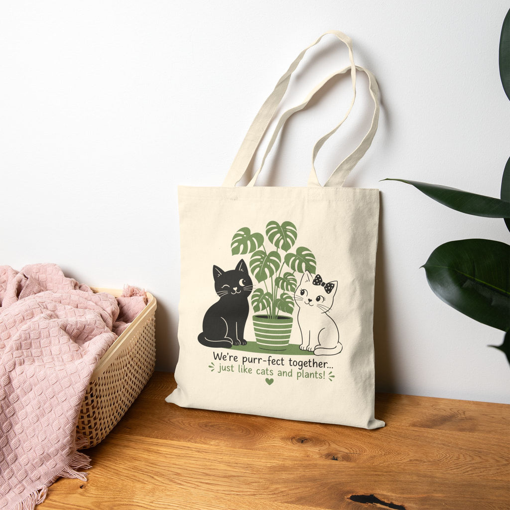 Cotton Canvas Tote - Cute White & Black Cat Charming Love Design - Perfect Together